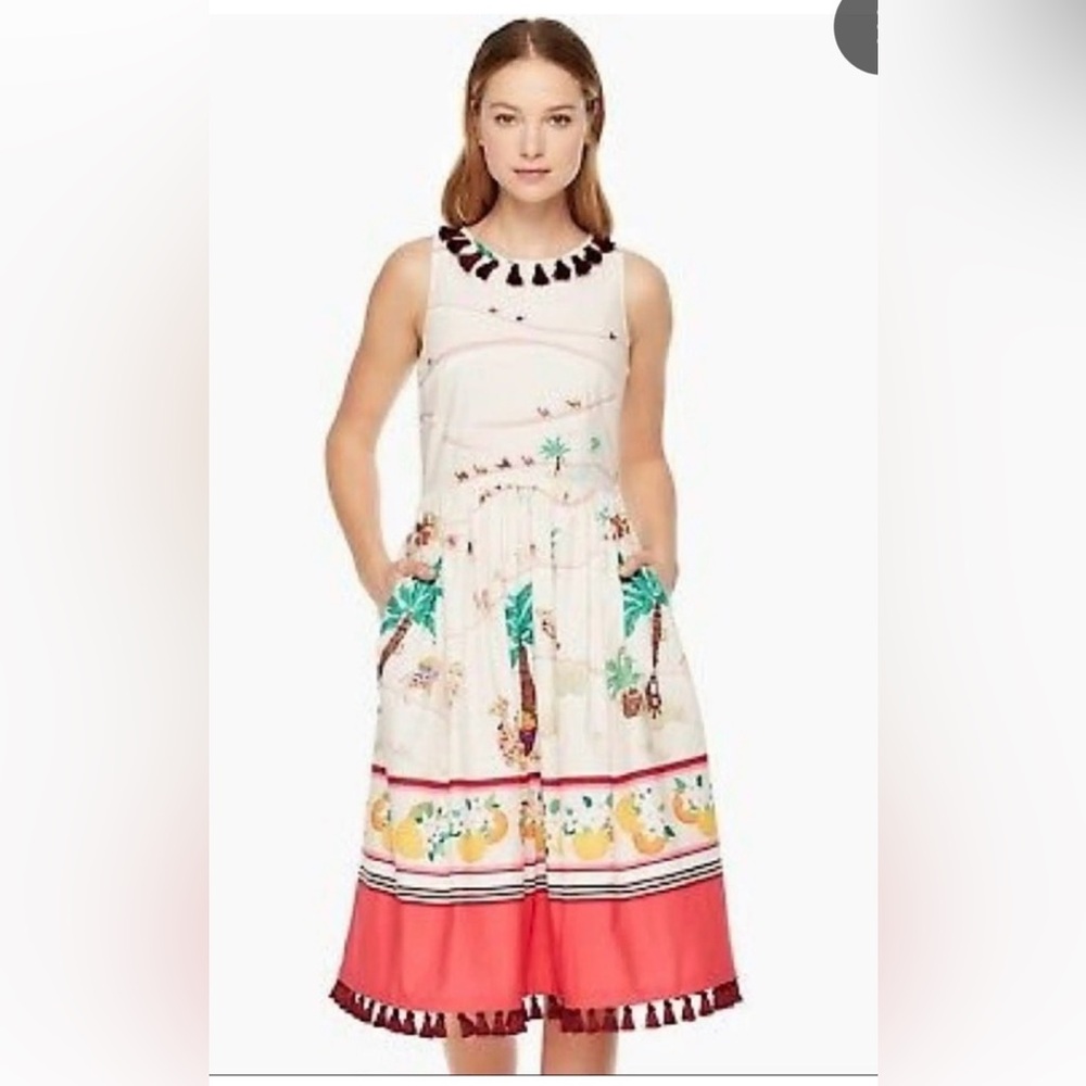 kate spade Cream Sleeveless Tropical Print Dress with Black Tassel Trim
